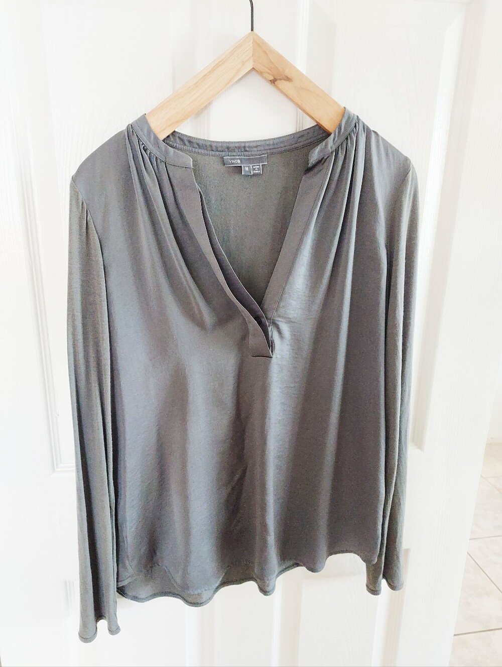 Vince Olive Green Long-Sleeve V-Neck Blouse